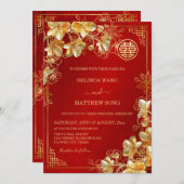 Invitation Mariage chinois Gold 3 D Flowers (Devant / Derrière)
