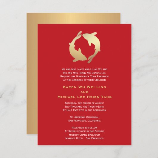 Invitation Mariage chinois Gold Koi (Devant / Derrière)