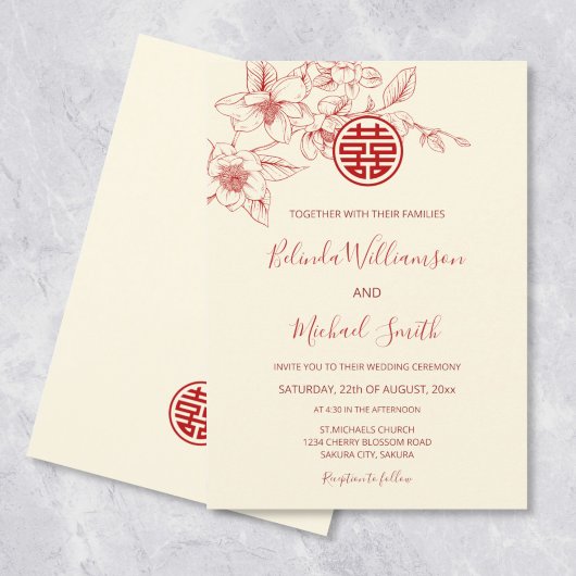 Invitation Mariage chinois Magnolia Red Cream