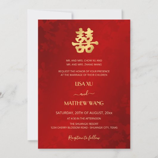 Invitation Mariage Chinois Or Rouge Simple | Bilingue (Devant)