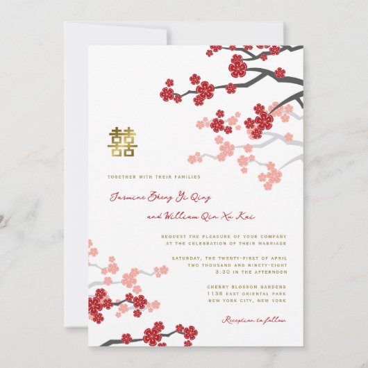 Invitation Mariage chinois Red Sakura Golden Double Bonheur (Dos)