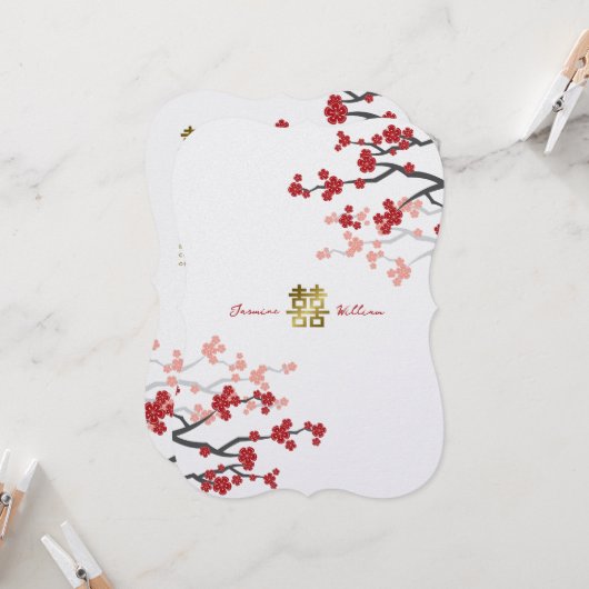 Invitation Mariage chinois Red Sakura Golden Double Bonheur (Devant/Arrière en situation)