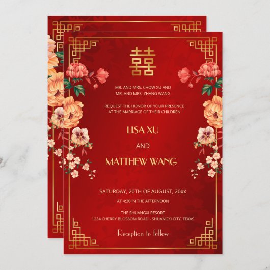 Invitation MARIAGE chinois rouge BILINGUAL Gold Frame (Devant / Derrière)