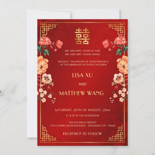 Invitation MARIAGE chinois rouge BILINGUAL Gold Frame (Devant)