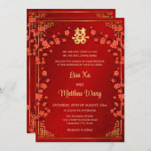 Invitation MARIAGE chinois rouge BILINGUAL Gold Frame (Devant / Derrière)