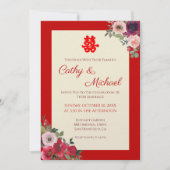 Invitation Mariage chinois rouge jardin fleuri double bonheur (Devant)