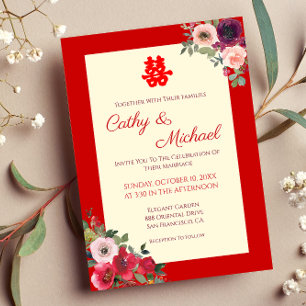 Invitation mariage chinois rouge jardin floral double bonheur