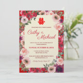 Invitation Mariage chinois rouge violet fleuri jardin bilingu (Debout devant)