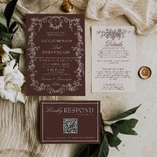 Invitation Mariage Chocolat Brun Floral Élégant Ancien Argent