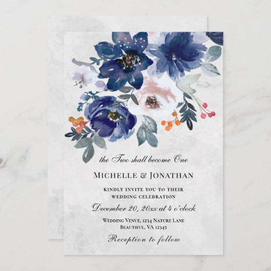 Invitation Mariage chrétien bleu foncé rose pâle (Devant / Derrière)