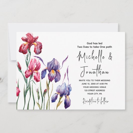 Invitation Mariage chrétien du Jardin d'Iris bleu violet rose (Devant)