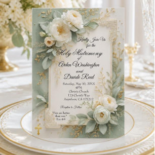 Invitation Mariage Chrétien Élégant Vert Sauge et Or