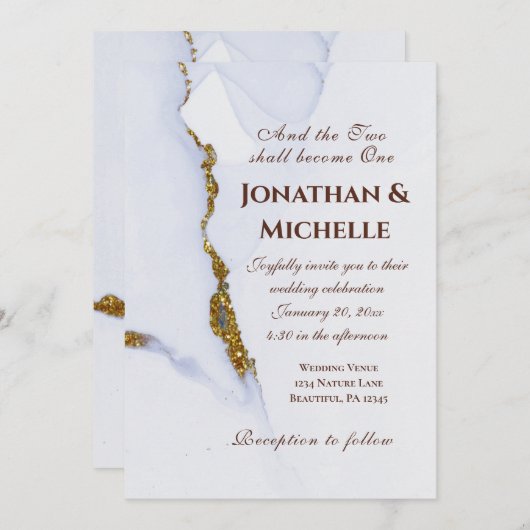 Invitation Mariage chrétien moderne Dusty Blue et Gold (Devant / Derrière)