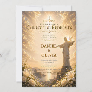 Invitation Mariage chrétien personnalisé Christ Rédempteur Or