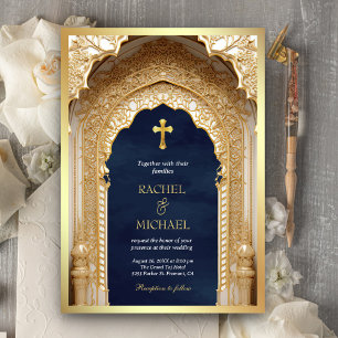 Invitation Mariage Chrétien Religieux Arche Royale Or Bleu