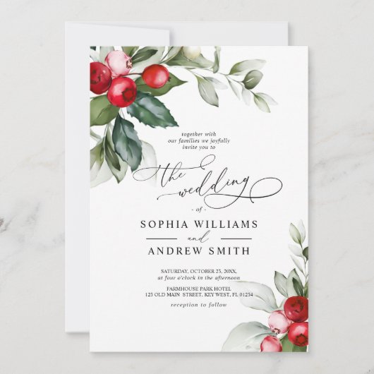 Invitation Mariage Christmas Greenery & Red Berries (Devant)