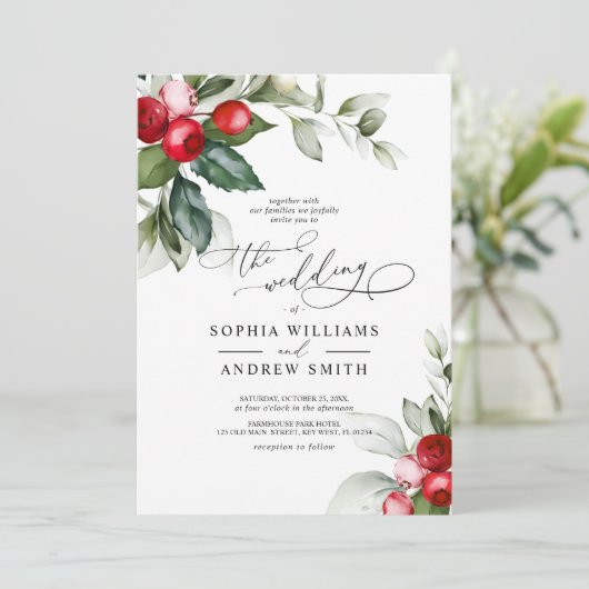 Invitation Mariage Christmas Greenery & Red Berries (Debout devant)