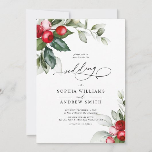 Invitation Mariage Christmas Greenery & Red Berries (Devant)