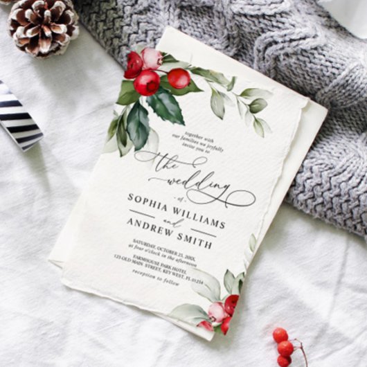 Invitation Mariage Christmas Greenery & Red Berries
