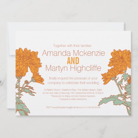 Invitation Mariage chrysanthemum blanc orange reprogrammé (Dos)