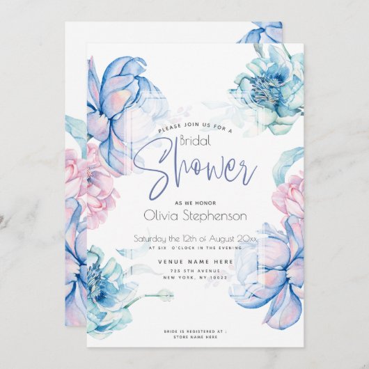 Invitation Mariage | Ciel Bleu et Bubblegum Pink Peonies (Devant / Derrière)