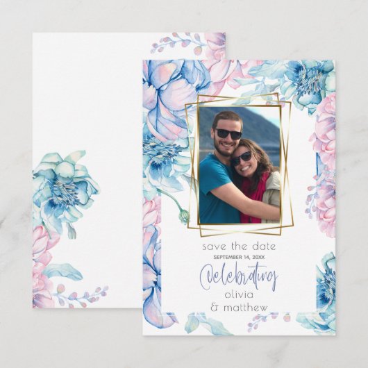 Invitation Mariage | Ciel Bleu et Bubblegum Pink Peonies (Devant / Derrière)