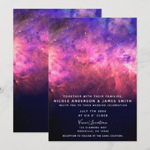 Invitation Mariage Ciel Étoilé Cosmique Galaxie Violet Rose
