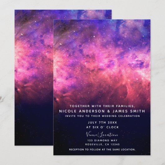 Invitation Mariage Ciel Étoilé Rose Violet Galaxie Cosmique (Devant / Derrière)