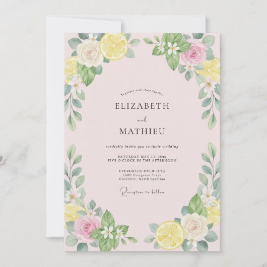 Invitation Mariage Citron Eucalyptus Rose Tendre (Devant)