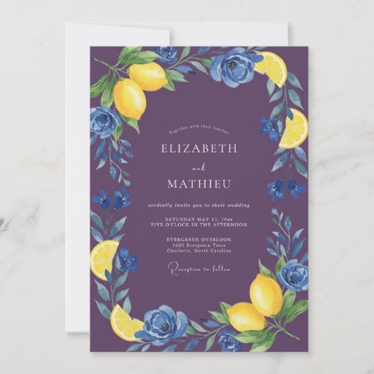 Invitation Mariage Citron Prune Eucalyptus (Devant)