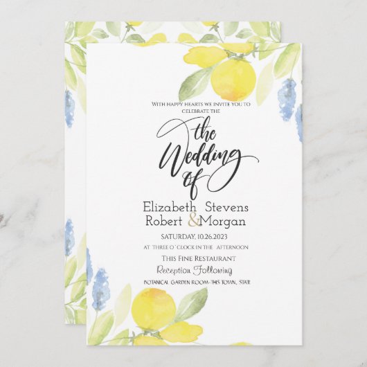 Invitation Mariage citrons aquarelles (Devant / Derrière)