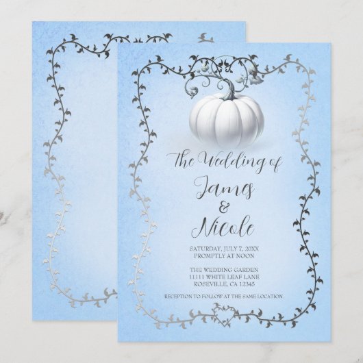 Invitation Mariage Citrouille Blanche Livre de Contes Bleu &  (Devant / Derrière)