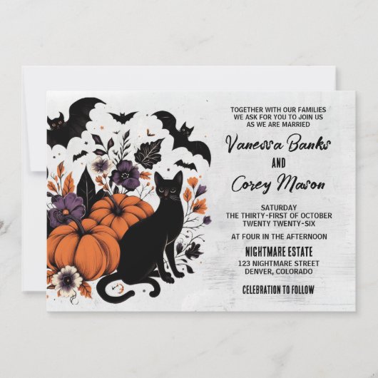 Invitation Mariage Citrouille de Chat noir (Devant)