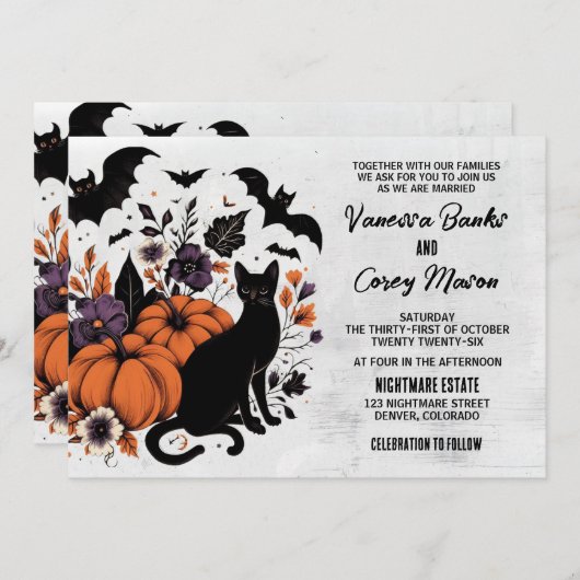 Invitation Mariage Citrouille de Chat noir (Devant / Derrière)