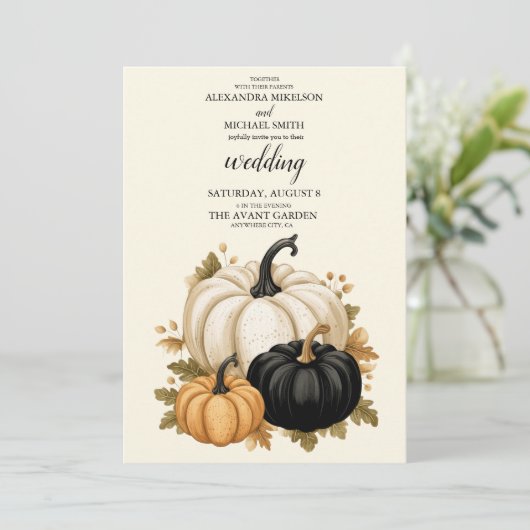 Invitation Mariage Citrouille noir et blanc rustique (Debout devant)