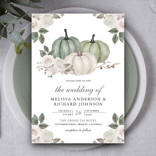 Invitation Mariage Citrouille Vert Sauge et Fleurs Blanches