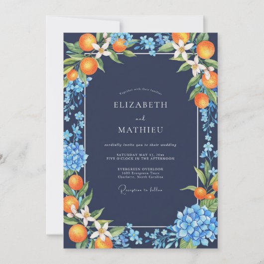 Invitation Mariage Citrus Eucalyptus Orange Navy (Devant)