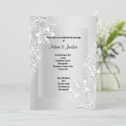 INVITATION MARIAGE CLASSÉ ÉLÉGANT DE LACE D'ARGENT (Debout devant)