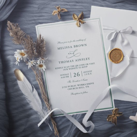Invitation Mariage classique à code QR Monogramme vert budget
