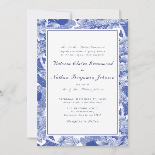Invitation Mariage classique à fleurs bleues et blanches (Devant)