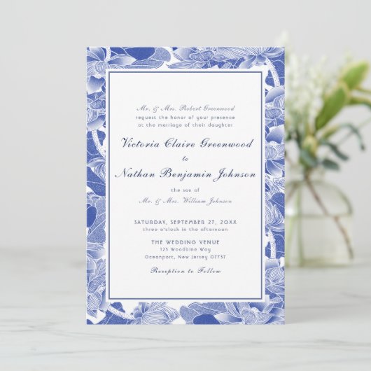 Invitation Mariage classique à fleurs bleues et blanches (Debout devant)
