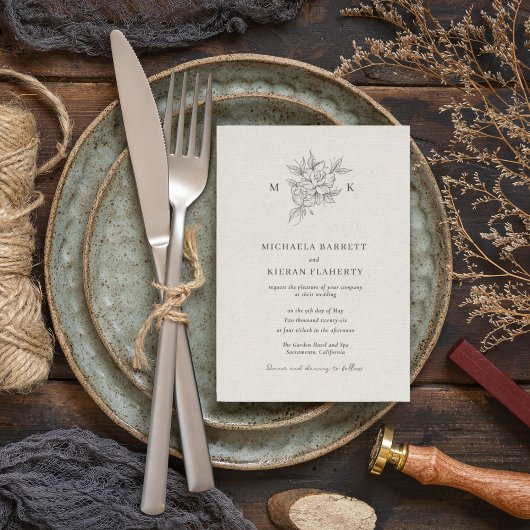 Invitation Mariage classique à monogramme botanique