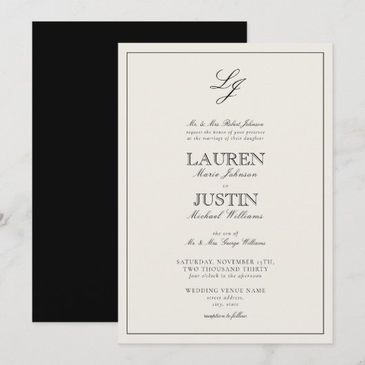 Invitation Mariage classique à monogramme en écriture noire e (Devant / Derrière)