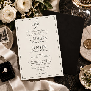 Invitation Mariage classique à monogramme en écriture noire e