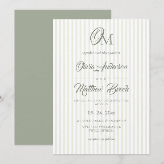 Invitation Mariage classique à rayures vert sauge (Devant / Derrière)