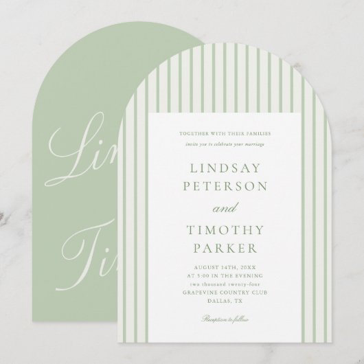 Invitation Mariage classique à rayures vertes (Devant / Derrière)