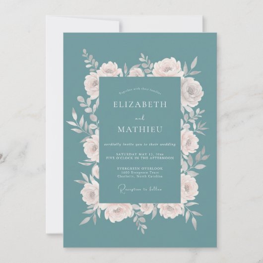 Invitation Mariage Classique Acier Ardoise Pétales (Devant)