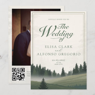 Invitation Mariage classique aquarelle forêt verte Photo QR