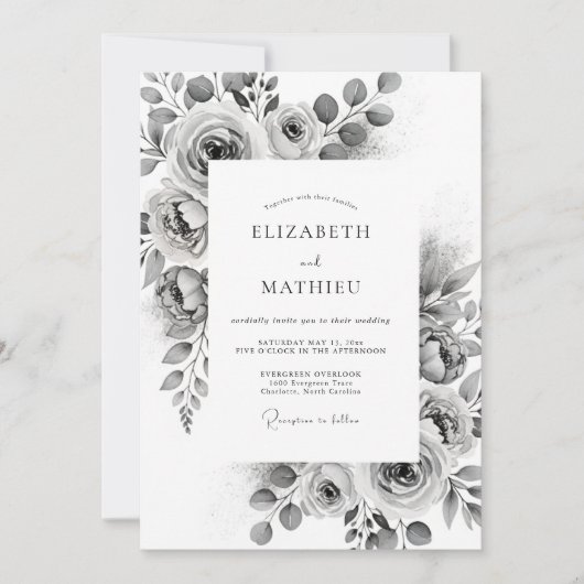 Invitation Mariage Classique Aquarelle Gris Charbon (Devant)