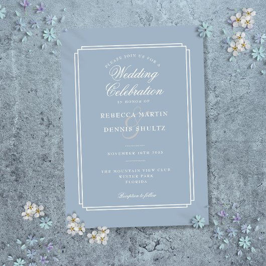 Invitation Mariage classique Art déco bleu Dusty